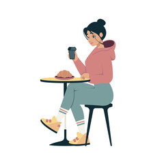 Woman drinks coffee or tea in cafe. Young female person with cup of coffee and croissant sitting at table in restaurant. Girl enjoy hot drink with pastry. Break for relaxation. Morning time