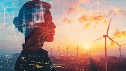 The silhouette of a woman's face is superimposed on an image of wind turbines at sunset.