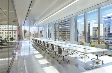 A modern office with glass walls and white furniture, showcasing the interior design of an urban company's conference room with large windows overlooking city buildings