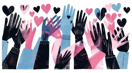 An artistic charity illustration concept featuring abstract hands reaching out with stylized hearts, symbolizing generosity, love, and community support.