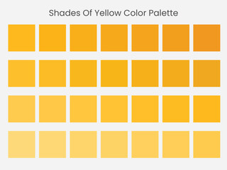 Shades of yellow color palette. 28 shades of yellow color isolated on grey white background. Vector illustration.