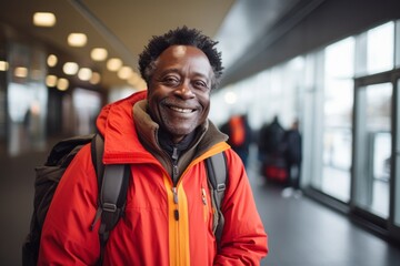 Fototapeta premium Portrait of a smiling afro-american man in his 60s wearing a functional windbreaker in bustling airport terminal