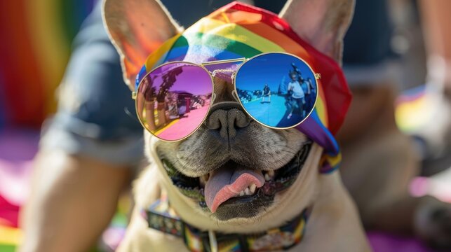 French bulldog dog wearing a rainbow flag bandana and mirrored sunglasses at gay pride festival, ai generated