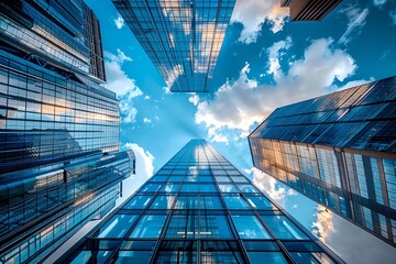 From below of contemporary multistory skyscrapers made of glass located under blue sky with clouds in New York