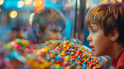 Caucasian little boy gazing at various candies, gummy jellies, lolly, etc