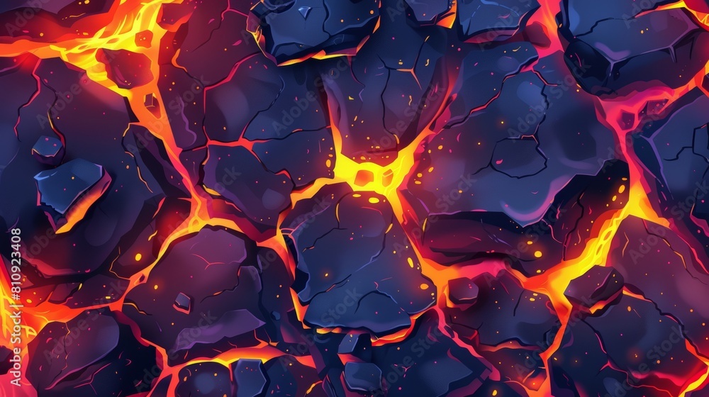 Poster the top view of a fantasy background with glowing lava and cracked stone ground. seamless patterns w