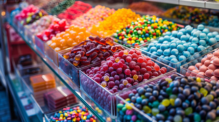 Various candies, gummy jellies, lolly, chewing gum, etc arranged in compartments