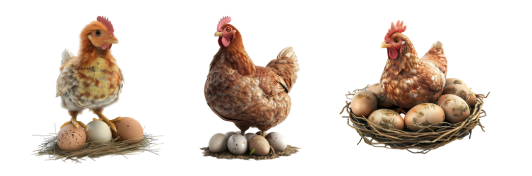 Set of Hen with eggs in nest Isolated on transparent background