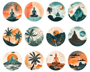 set of round icons of zen/ yoga/ meditation/ asia/ tropical/ Buddhism on transparent background