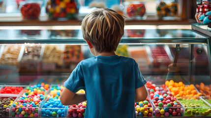 Caucasian little boy gazing at various candies, gummy jellies, lolly, etc