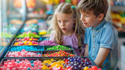 Caucasian children gazing at various candies, chewing gums, gummy jellies, lolly, etc