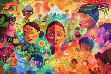 A colorful painting of people from different cultures and backgrounds. The painting is titled "The World is One" and it represents the idea of unity and diversity