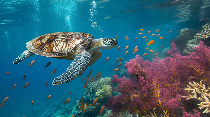 Obraz premium Sea turtle or marine turtle swimming in ocean with coral reefs