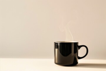 A black coffee mug sits on a white table with steam rising from it. Concept of warmth and comfort, as the steam from the coffee suggests a hot beverage being enjoyed