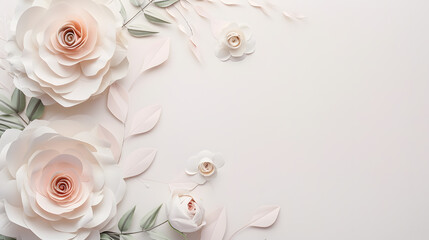 Blank  invitation card mockup with gentle dried flowers on white paper background. Top view copy space for text