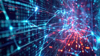 A computer generated image of a network of lines and dots. The image is a representation of the complex and interconnected nature of the internet. The blue, red