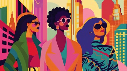 Three women wearing sunglasses and coats stand in front of a city skyline. The women are dressed in colorful clothing and are posing for a photo. Scene is bright and cheerful