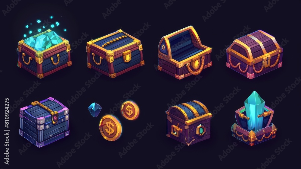 Poster ui illustration set of egyptian box props filled with treasures, gems and coins. hidden and open gam