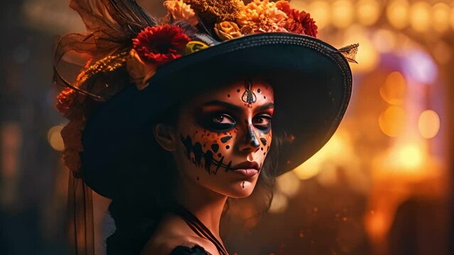 Beautiful woman dancing mexican for the Day of the Dead , Perfect beautiful dia de muertos background