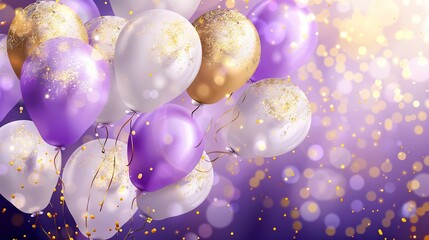 beautiful celebration background with balloons, gold, white and light violet colors, glittery sparkly stars