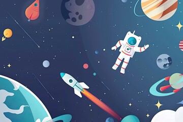 A cartoon of a man in a spacesuit flying a rocket through space. The background is filled with planets and stars, giving the impression of a vast and endless universe. Scene is one of adventure