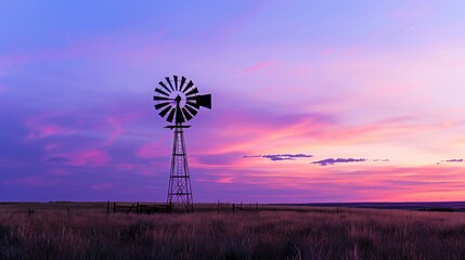 A windmill is standing in a field with a beautiful sunset in the background. The scene is peaceful and serene, with the windmill being the only object in the field