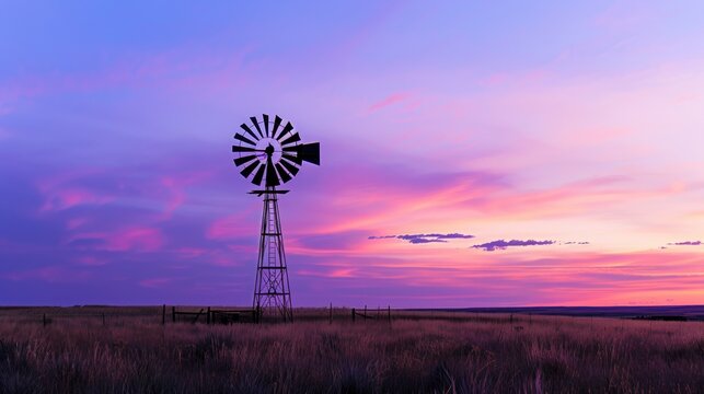 A windmill is standing in a field with a beautiful sunset in the background. The scene is peaceful and serene, with the windmill being the only object in the field