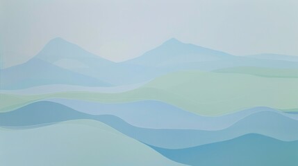 Abstract Landscape Art: Light Blue and Green Mountains Silhouette with Atmospheric Sky