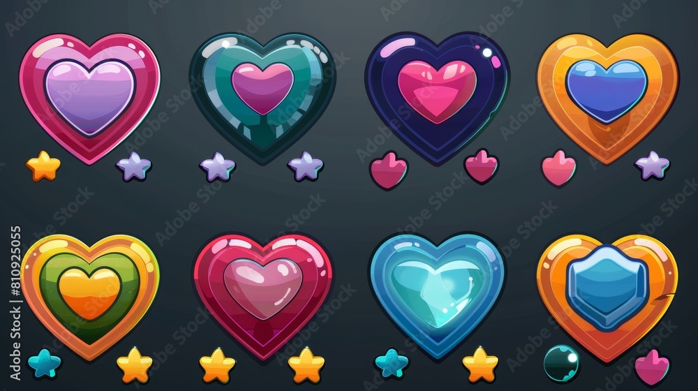 Poster a cartoon modern set of selection platform buttons for videogame map menus with heart shaped indicat