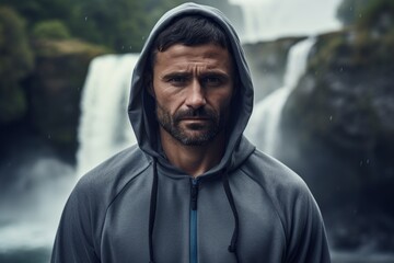 Portrait of a glad man in his 30s sporting a comfortable hoodie over backdrop of a spectacular waterfall