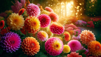 Stunning Dahlia Display with Sunlit Backdrop