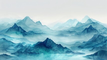 Abstract Landscape Art: Light Blue and Green Mountains Silhouette with Atmospheric Sky