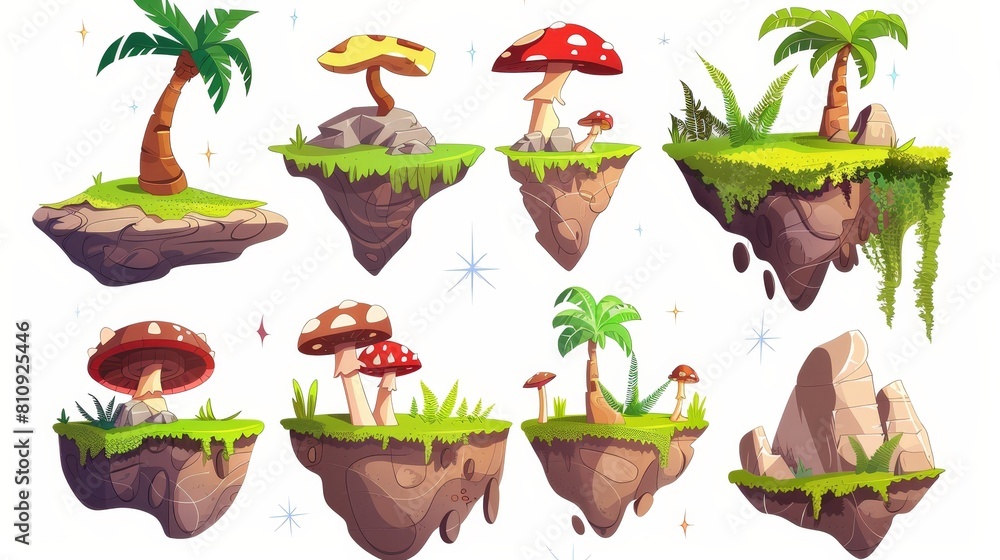 Poster an isolated 2d arcade rpg design with a floating island platform with tree, mushroom, and plant. wor