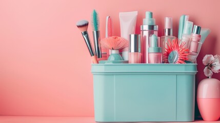 beauty routine concept banner with various beauty tools and skincare products in a pastel pink background for your skincare toolbox