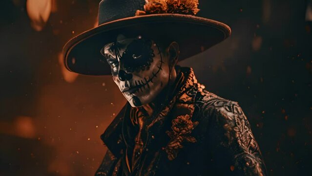 Beautiful man dancing mexican for the Day of the Dead , Perfect beautiful dia de muertos background