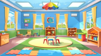 Animated kindergarten classroom with kid character cartoon. Preschool playground, daycare, and learning environment with carpet, furniture, and floor.