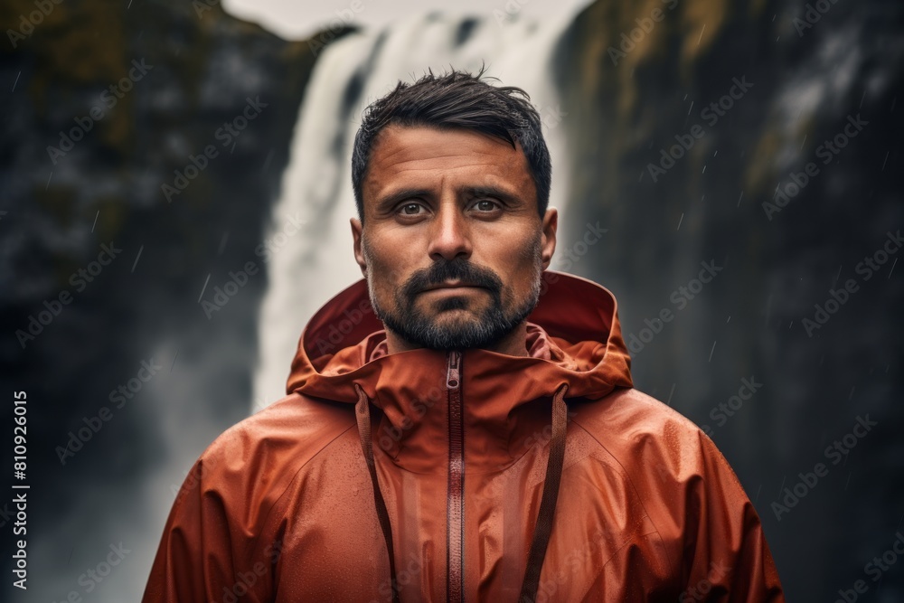 Poster Portrait of a glad man in his 30s wearing a windproof softshell isolated in backdrop of a spectacular waterfall