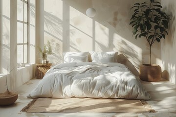 Comfortable bedroom with bed, rug, plant, and window