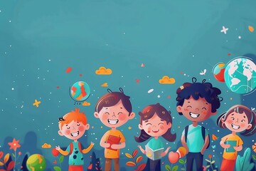 Animated Children Exploring a Magical Night Landscape for World Children's Rights Day, featuring interactive elements and animations to educate - obrazy, fototapety, plakaty