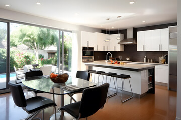 House with wooden table, chairs interior design fixture in kitchen