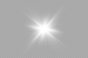 White glowing light explodes on a transparent background. with ray. Transparent shining sun, bright flash. Special lens flare light effect.