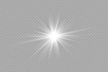 White glowing light explodes on a transparent background. with ray. Transparent shining sun, bright flash. Special lens flare light effect.