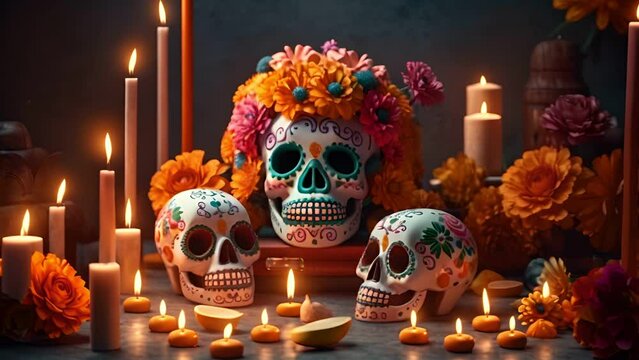 Dia de muertos altar concept , Day of the dead or dia de muertos banner with flowers , skulls , candles , guitar