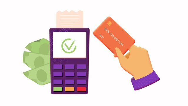 Hand is holding a card, making remote payment successfully and receiving a cashback