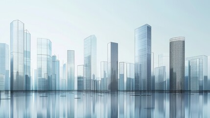 Minimalist Business District: Prosperous Financial Center with Tiled Buildings and Semi-Transparent Reflections