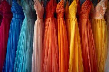 Colorful women's dresses on hangers in a retail shop. Fashion and shopping concept