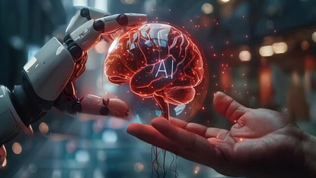 Human and robot keep in hand a brain. AI digital technology machine concept neurons visualization, deep learning cyber database of smart science artificial intelligence network futuristic innovation.