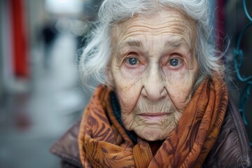 Smiling middle-aged woman in a jacket on a city street. Beautiful simple AI generated image in 4K, unique.