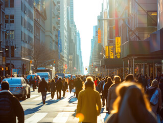 Obraz premium street bustles with anonymous pedestrians, as bright sunlight enhances the lively ambiance, creating a vibrant scene.