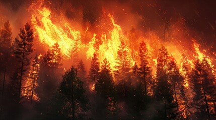 Forest fire flames spreading rapidly with trees catching alight, illustrating global warming and climate change, extreme weather